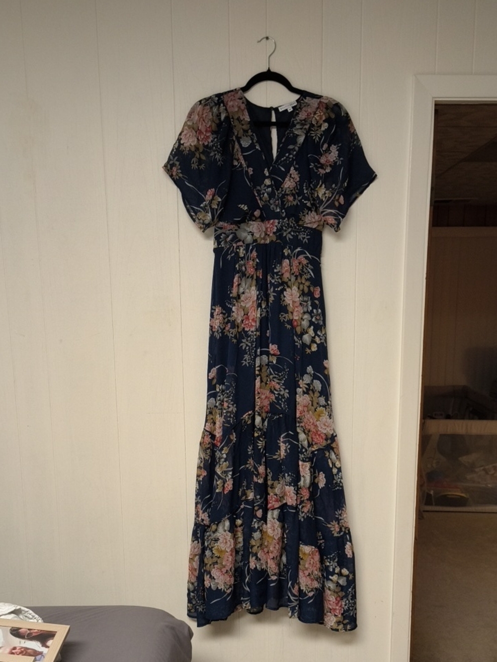 Navy Floral Wrap Maxi Dress with Flutter Sleeves